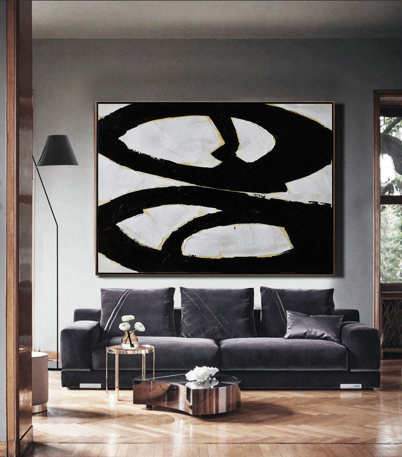 Oversized Custom Canvas Art,Horizontal Palette Knife Minimal Canvas Art Painting Black White Beige - Abstract Art On Canvas, Modern Art